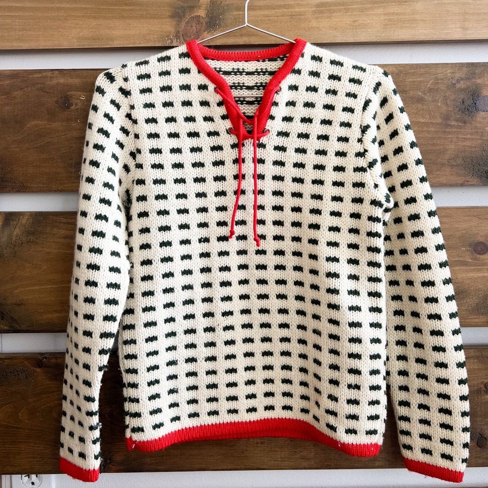 VINTAGE HAND KNIT Nordic Wool Sweater Cream Red Dark Green XS Kids Large